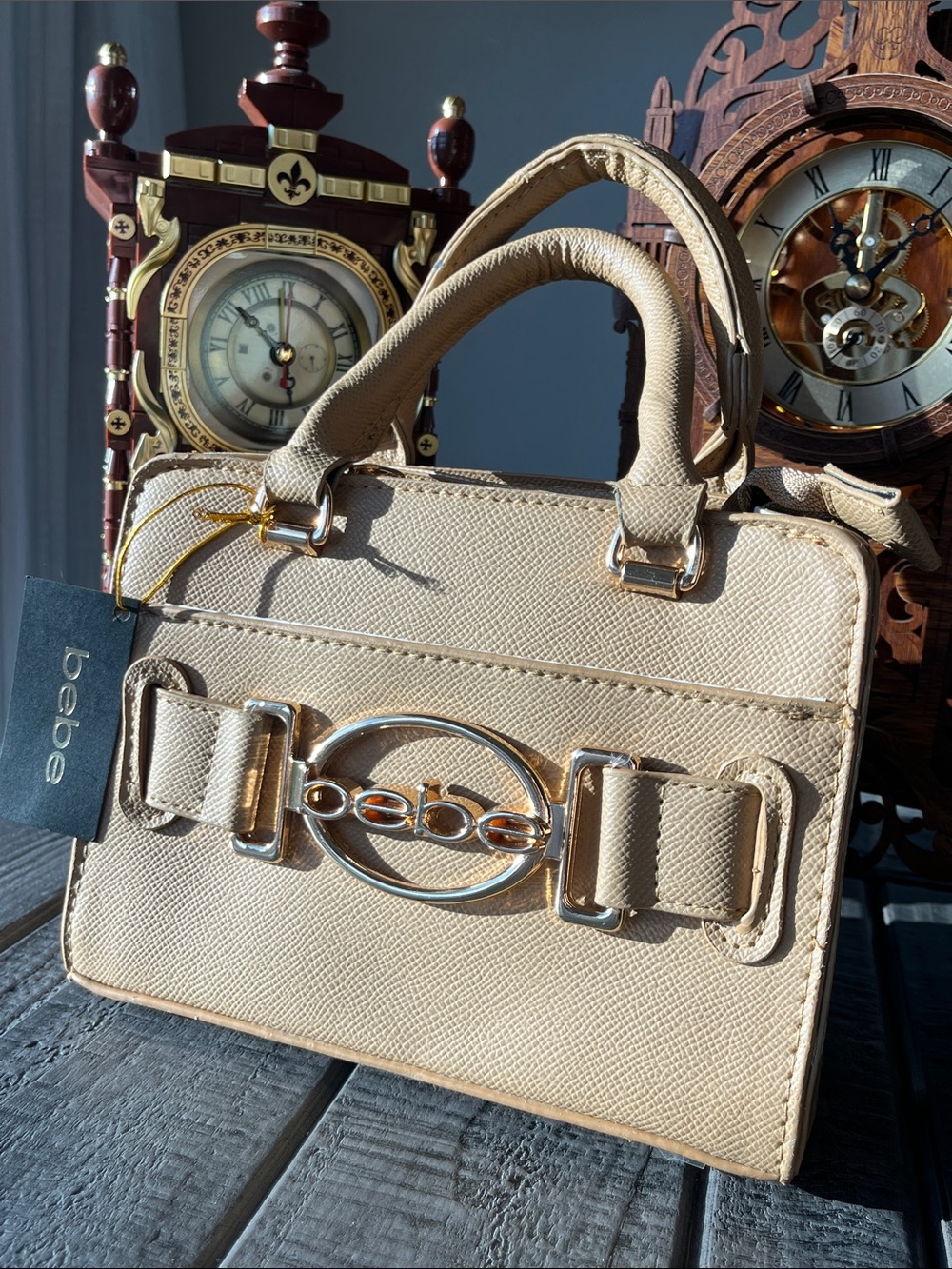 bebe Tan Mini Satchel with Gold Logo Hardware